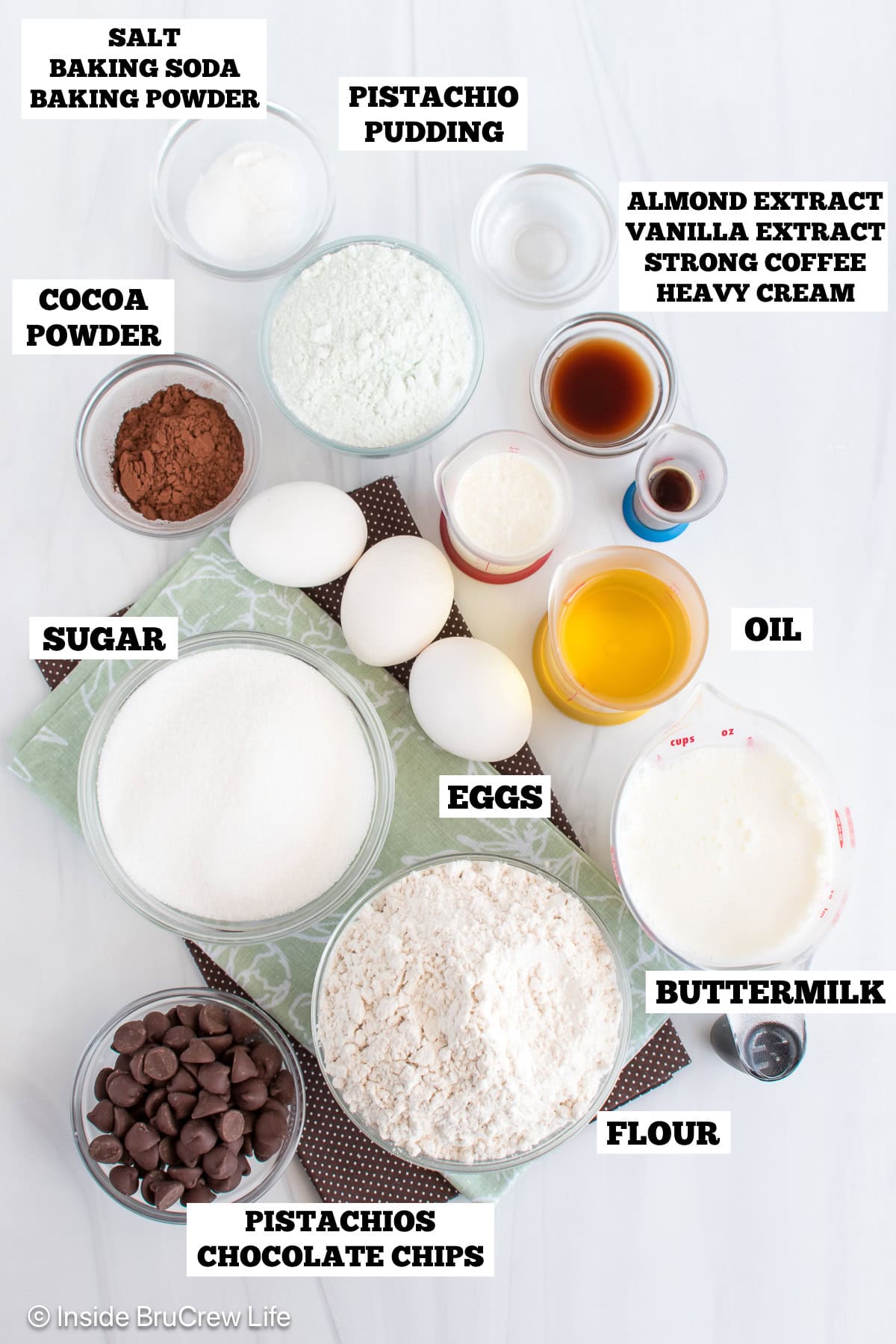 Chocolate pistachio loaf ingredients with text labels.