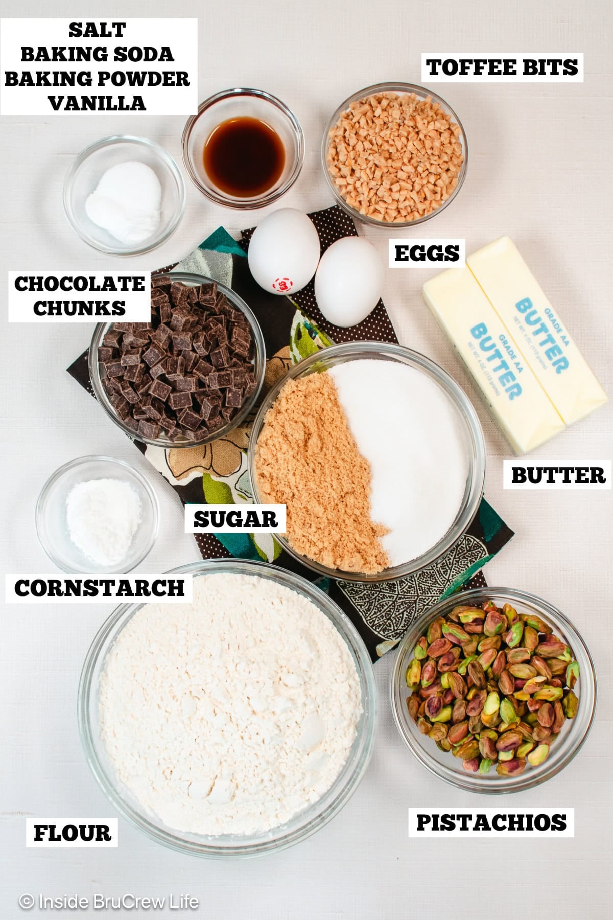 Pistachio toffee cookie ingredients with text labels.
