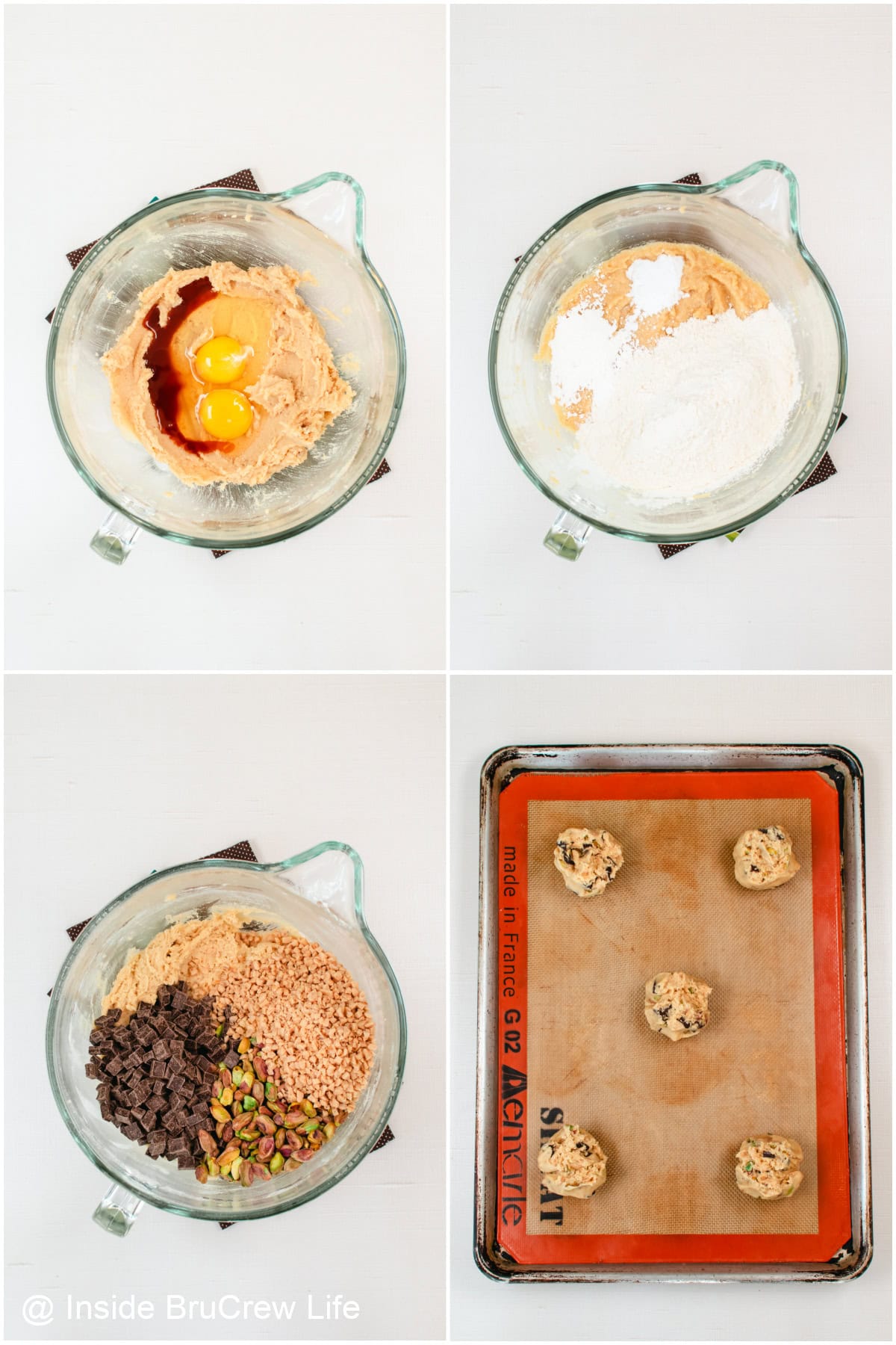 Step-by-step photos showing how to make pistachio toffee chocolate chip cookies.