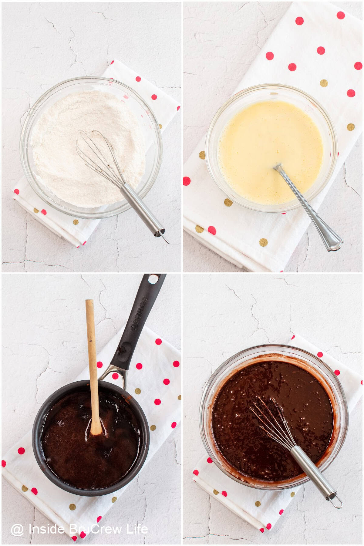 Step by step photos showing how to make the batter for a cola cake.