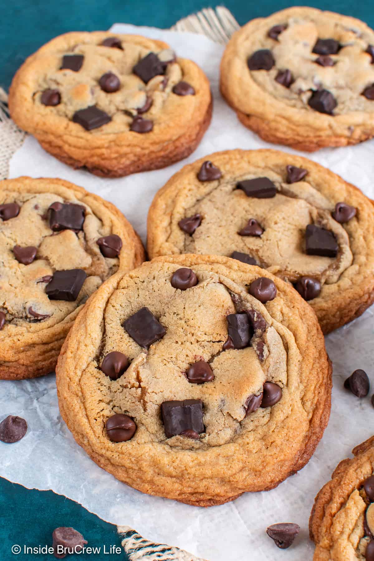 Copycat Starbucks chocolate chip cookies with added chocolate chunks on top.