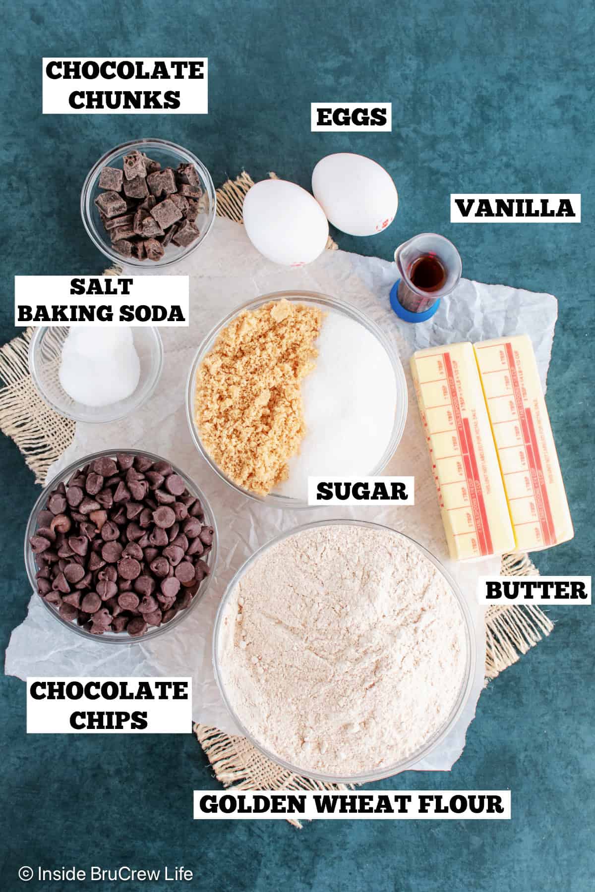 Ingredients for Starbucks chocolate chip cookies with labels.