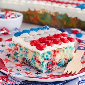 A red white and blue 4th of July cake with sprinkles and an M&M flag.