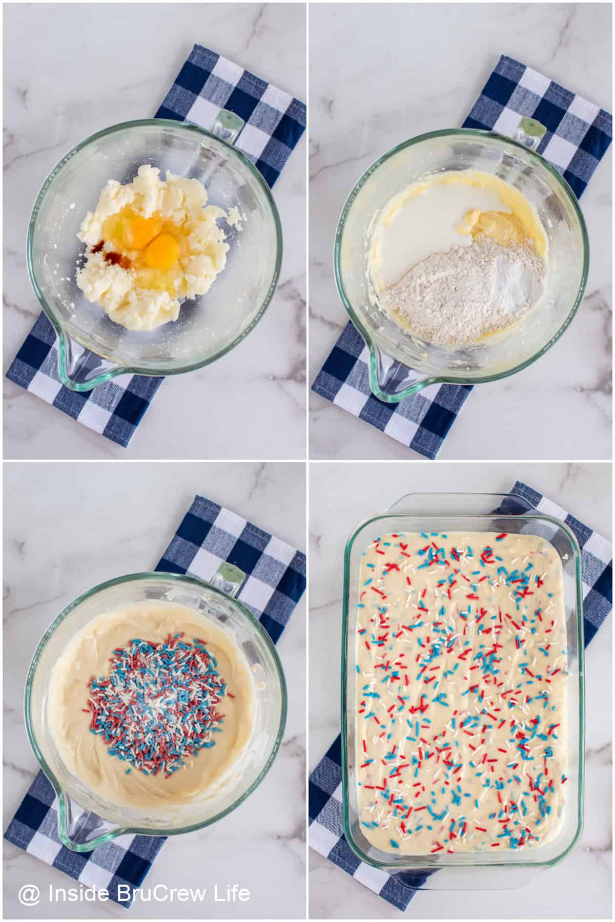 Step by step photos showing how to make a 4th of July cake with sprinkles.