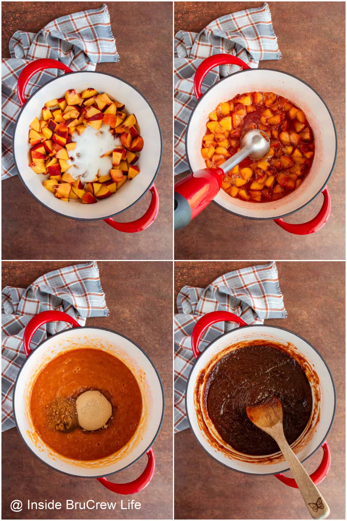 Step by step photos showing how to make homemade peach butter.