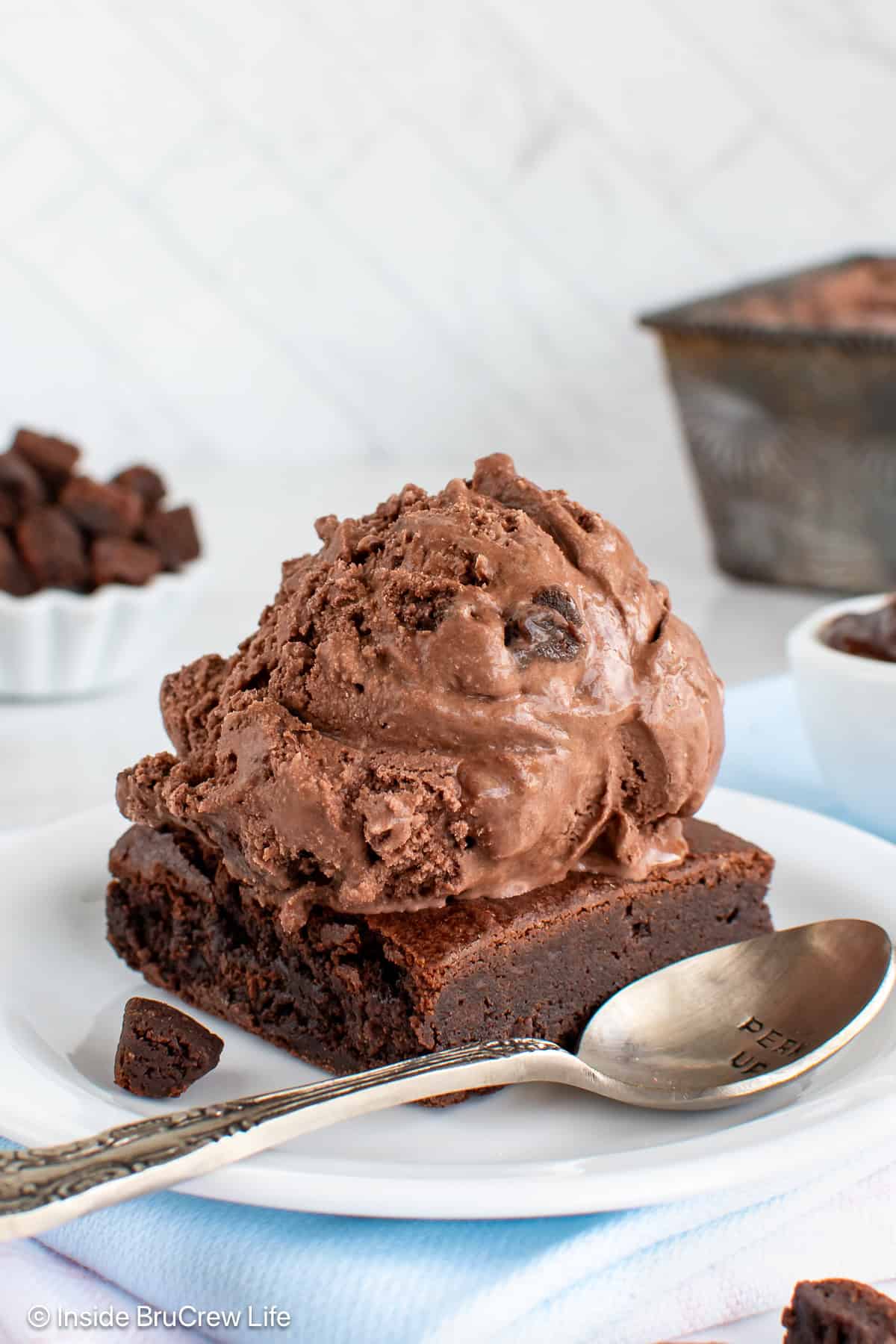 A white plate with a brownie topped with chocolate brownie ice cream.