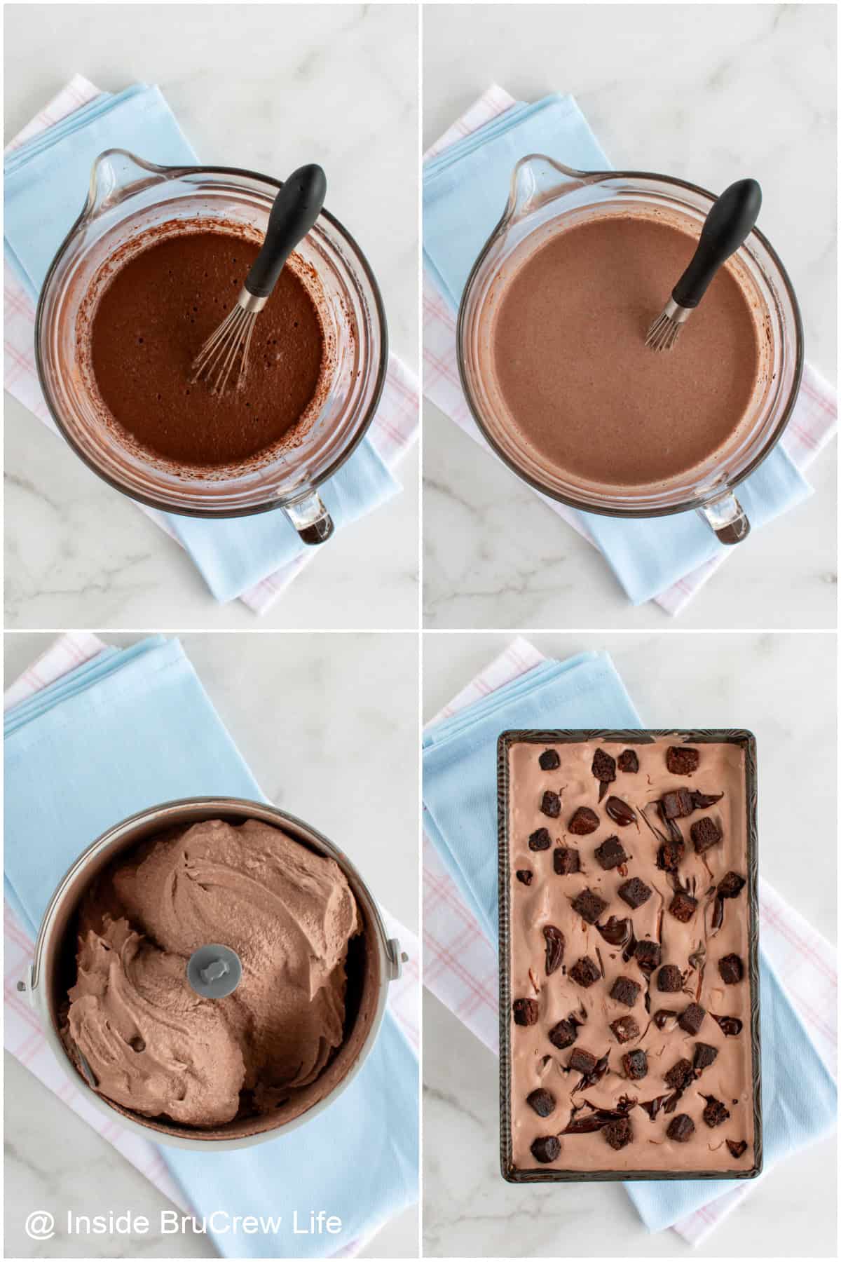 Step by step photos showing how to make chocolate brownie ice cream.