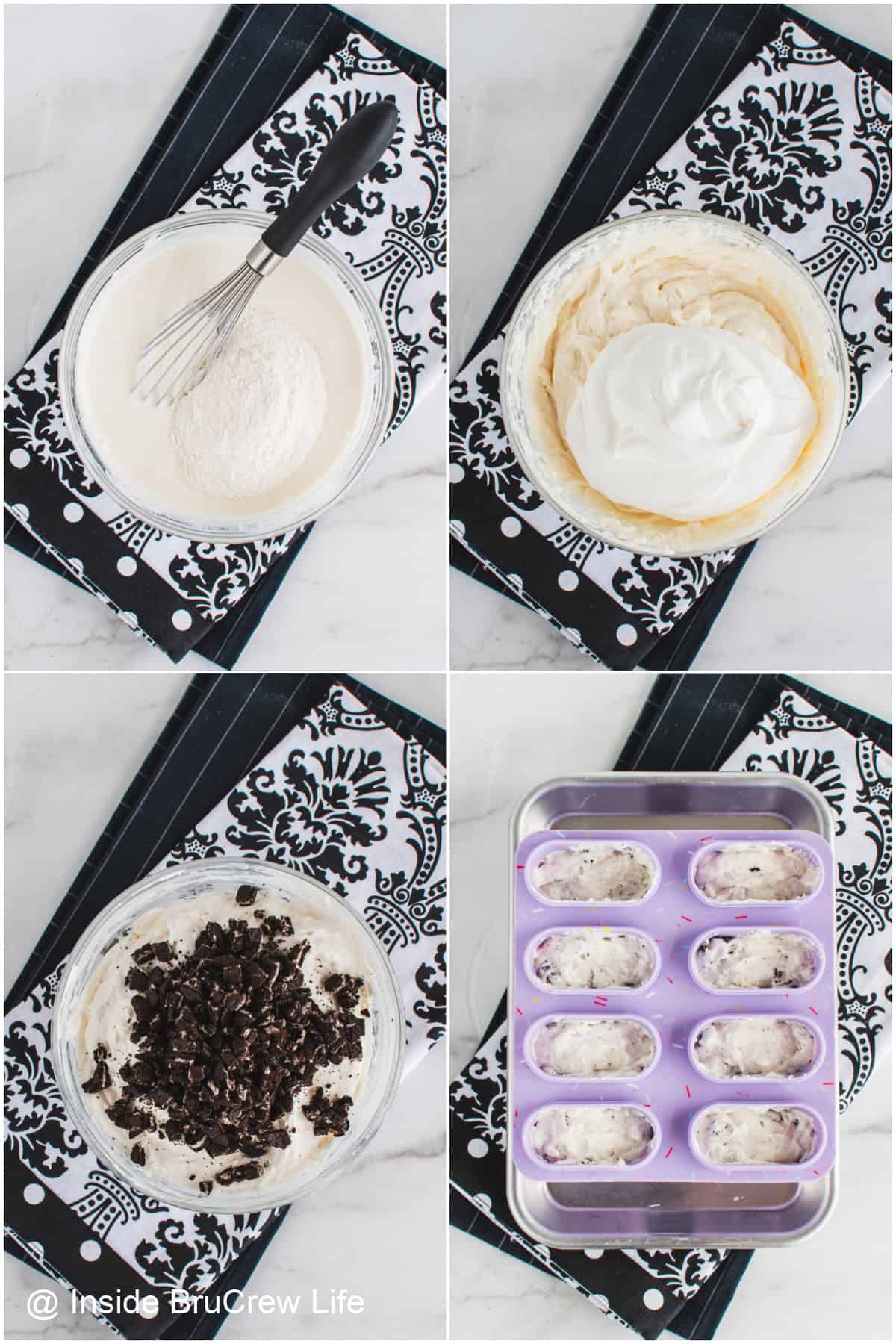 Step by step photos showing how to make cookies and cream popsicles.