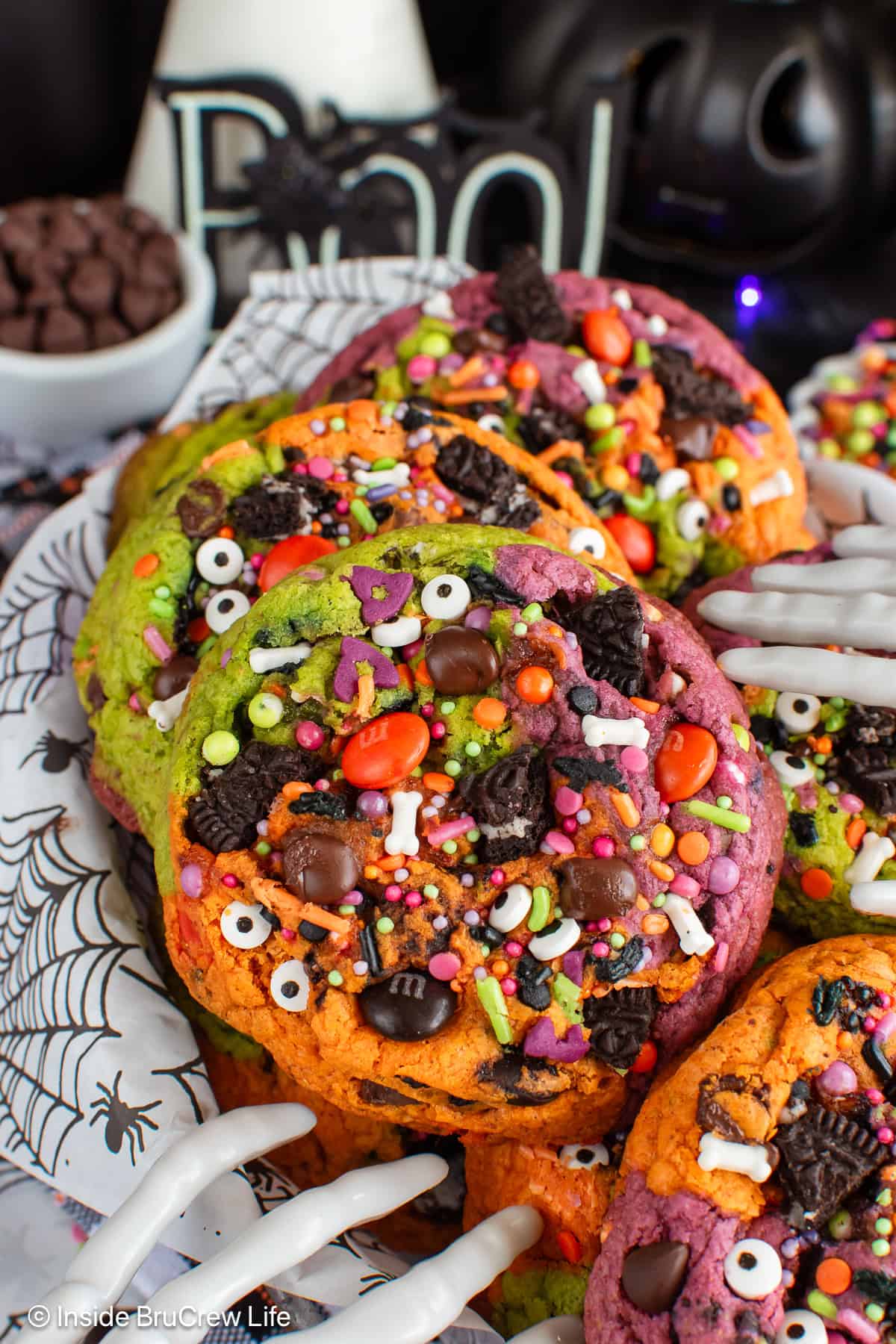 Monster chocolate chip cookies in a basket.
