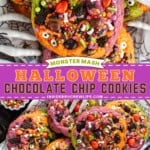 Pinterest image for monster mash Halloween chocolate chip cookies.