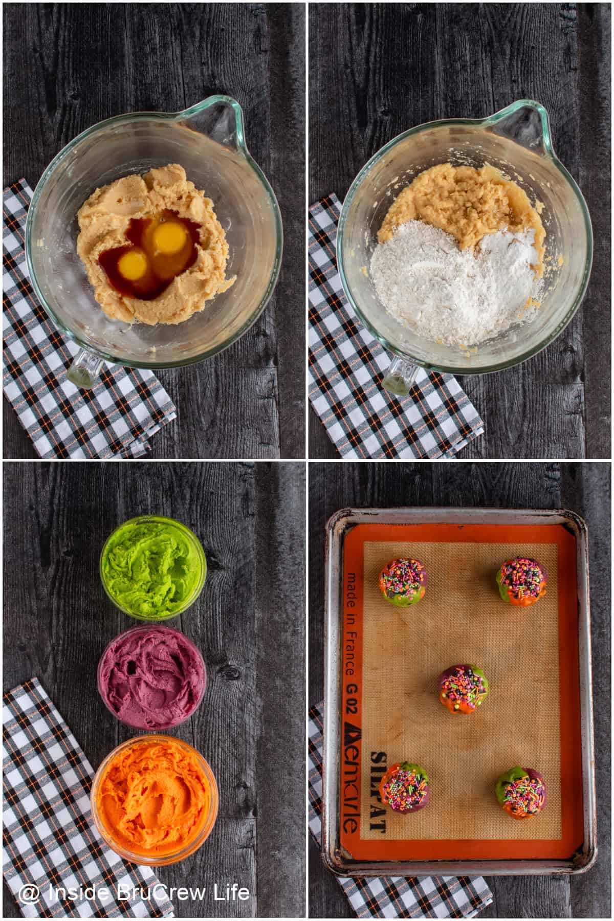 Step by step pictures showing how to make monster mash cookie dough.