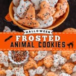 Pinterest image for Halloween frosted animal cookies.