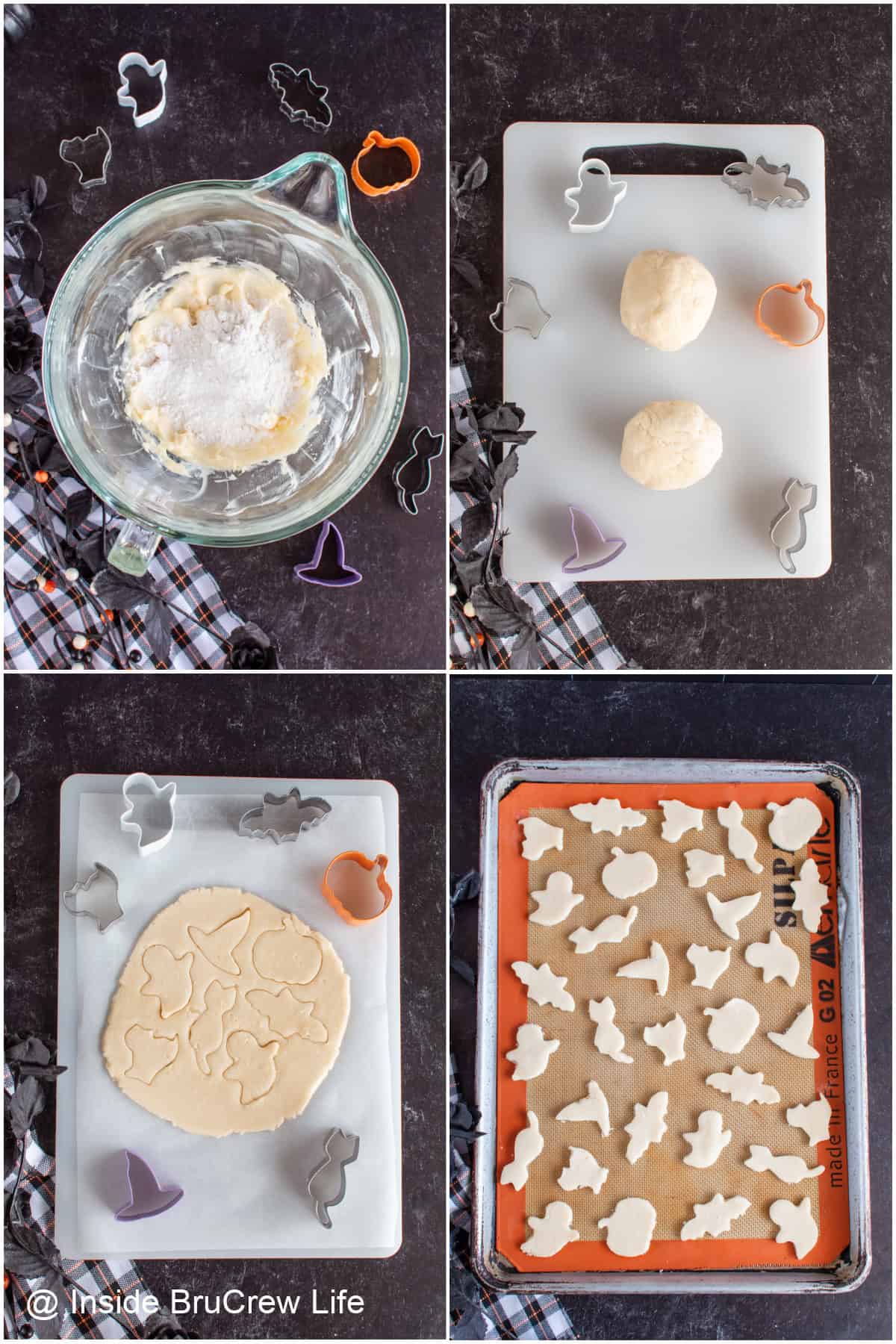 Step by step pictures showing how to make the dough for homemade animal cookies.